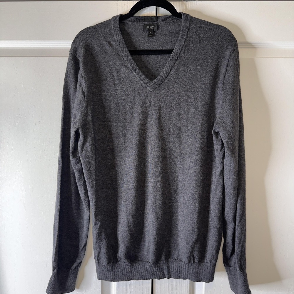 J Crew Sweater Mens Medium Gray Italian Merino‎ V Neck Slim Knit Pullover